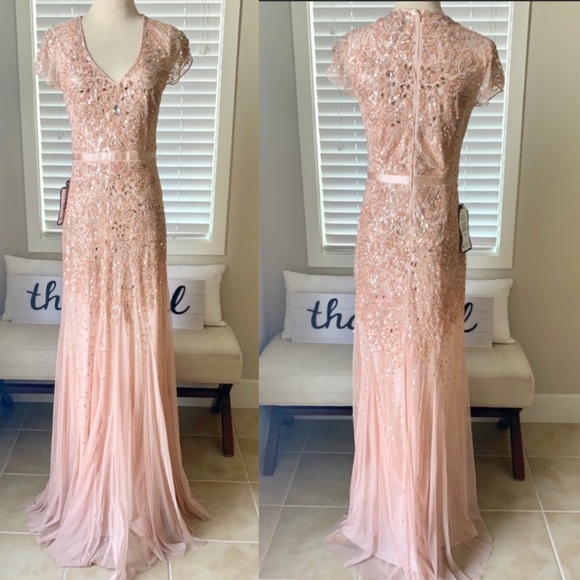 Adrianna Papell beaded cap sleeves V-neck waistband long Dress - Picture 4 of 9